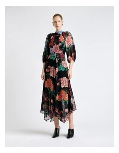 Garden Georgette Tie Neck Midi Dress in Black