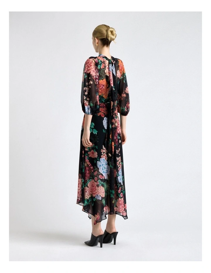 Garden Georgette Tie Neck Midi Dress in Black image 2