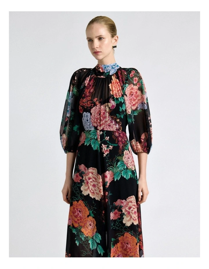 Garden Georgette Tie Neck Midi Dress in Black image 3