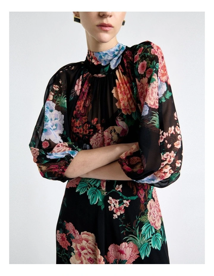 Garden Georgette Tie Neck Midi Dress in Black image 4