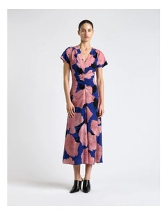 Pink Stencil Floral Gathered Front Dress