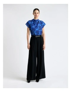 Blue Stencil Floral Short Sleeve Blouse
