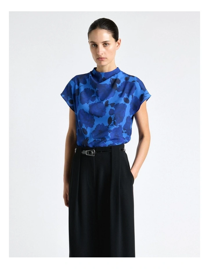 Blue Stencil Floral Short Sleeve Blouse image 3
