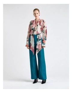 Peacock Garden Georgette Tie Neck Blouse in Cream