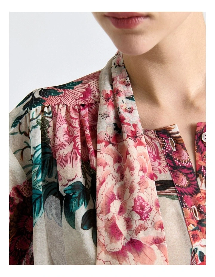 Peacock Garden Georgette Tie Neck Blouse in Cream image 4