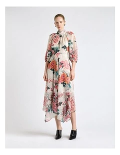 Peacock Garden Georgette Tie Neck Midi Dress in Cream