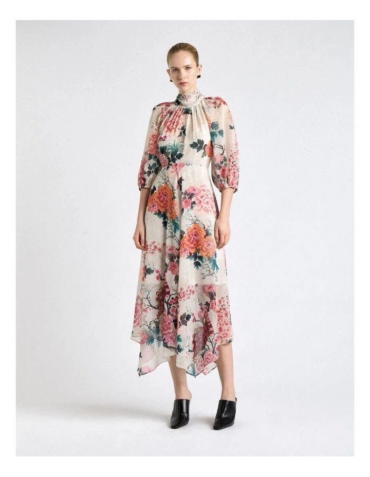 Peacock Garden Georgette Tie Neck Midi Dress in Cream image 1