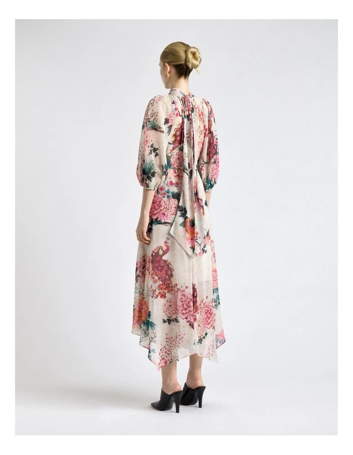 Peacock Garden Georgette Tie Neck Midi Dress in Cream image 2