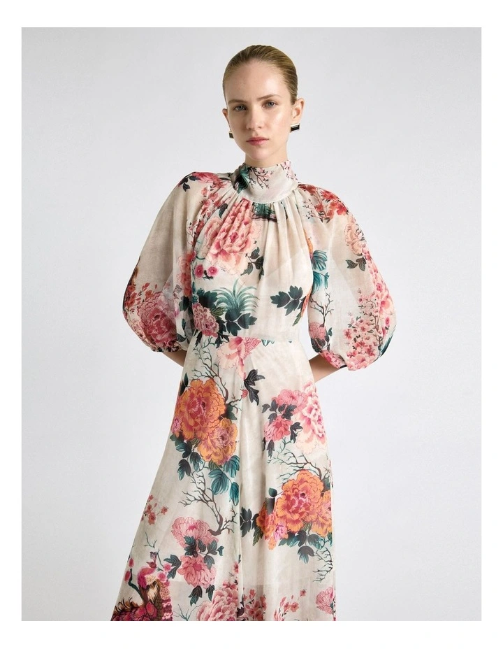 Peacock Garden Georgette Tie Neck Midi Dress in Cream image 3