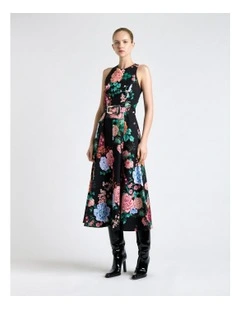 Peacock Garden Faille Midi Dress in Black