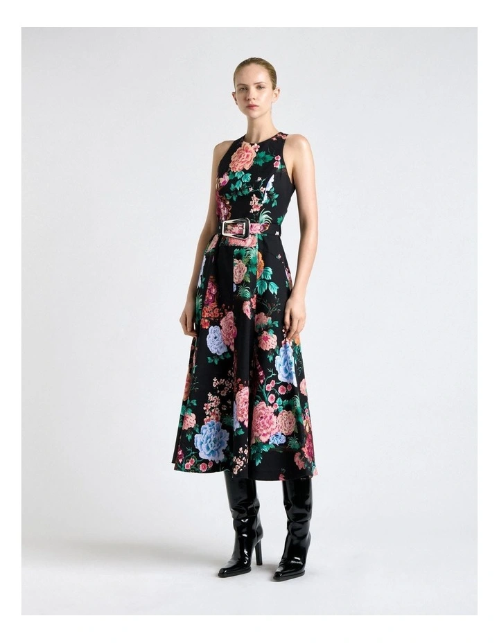 Peacock Garden Faille Midi Dress in Black image 1
