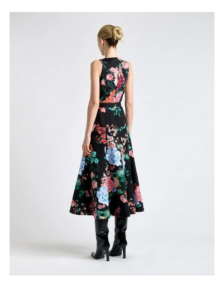 Peacock Garden Faille Midi Dress in Black image 2