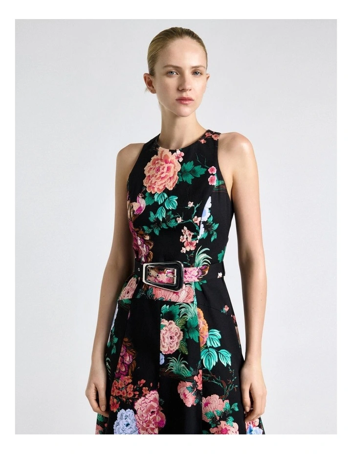 Peacock Garden Faille Midi Dress in Black image 3