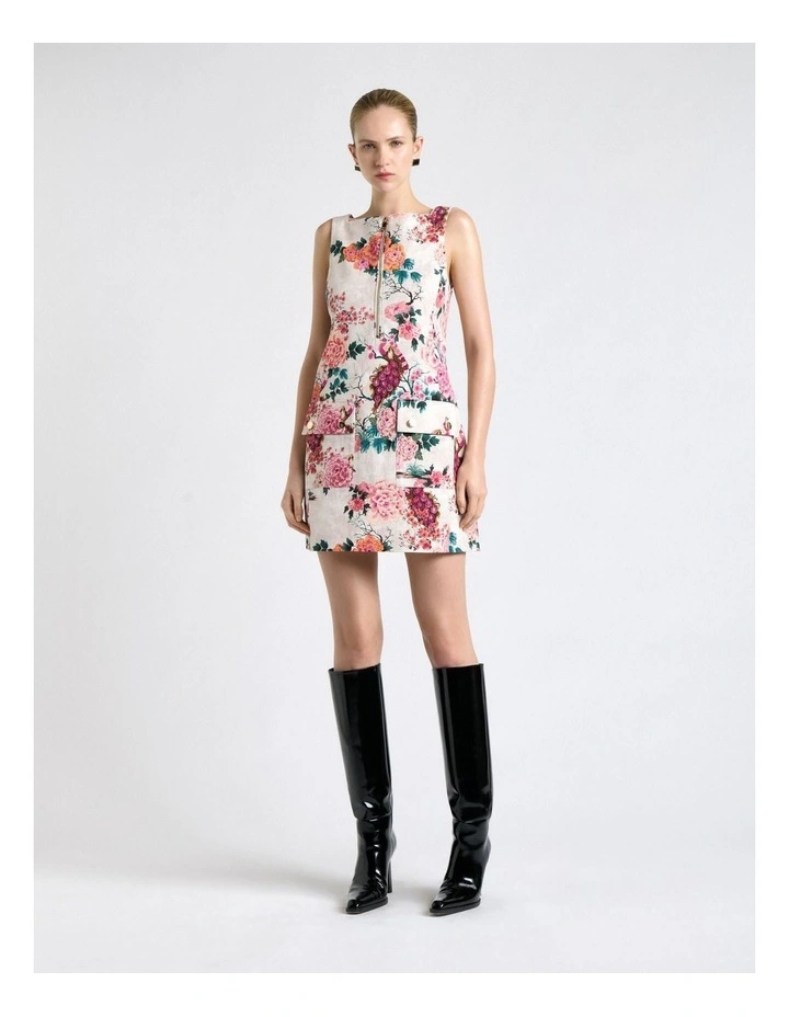 Peacock Garden Faille Mini Dress in Cream image 1