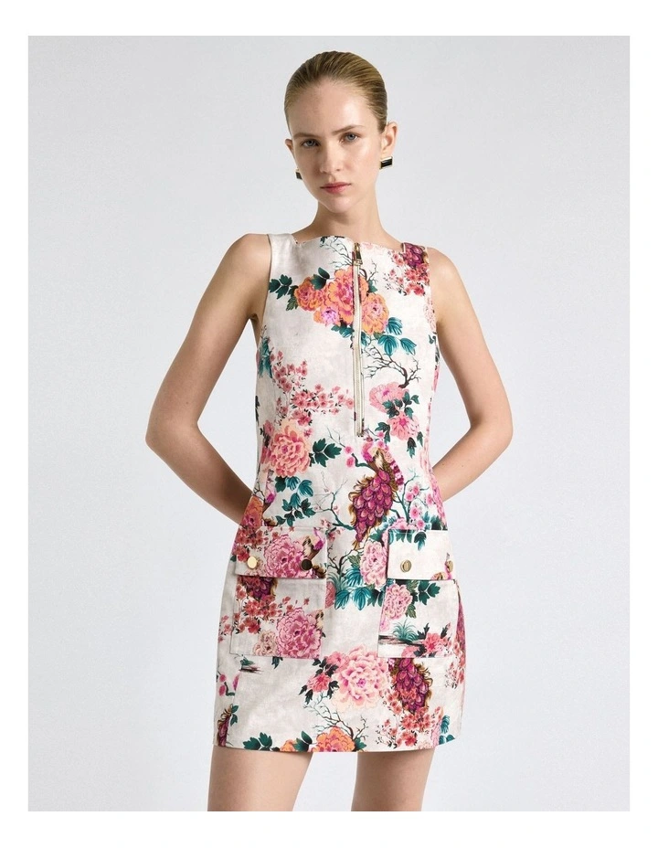 Peacock Garden Faille Mini Dress in Cream image 3