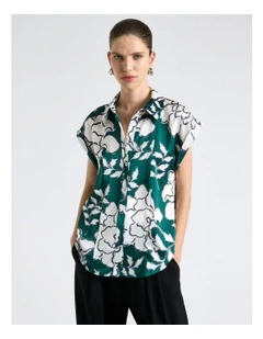 Graphic Floral Satin Tilt Sleeve Blouse in Green