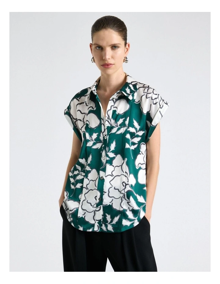 Graphic Floral Satin Tilt Sleeve Blouse in Green image 1