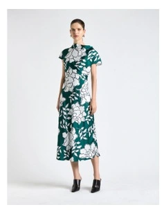 Graphic Floral Satin Drape Neck Midi Dress in Green