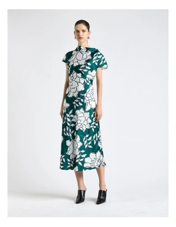 Graphic Floral Satin Drape Neck Midi Dress in Green