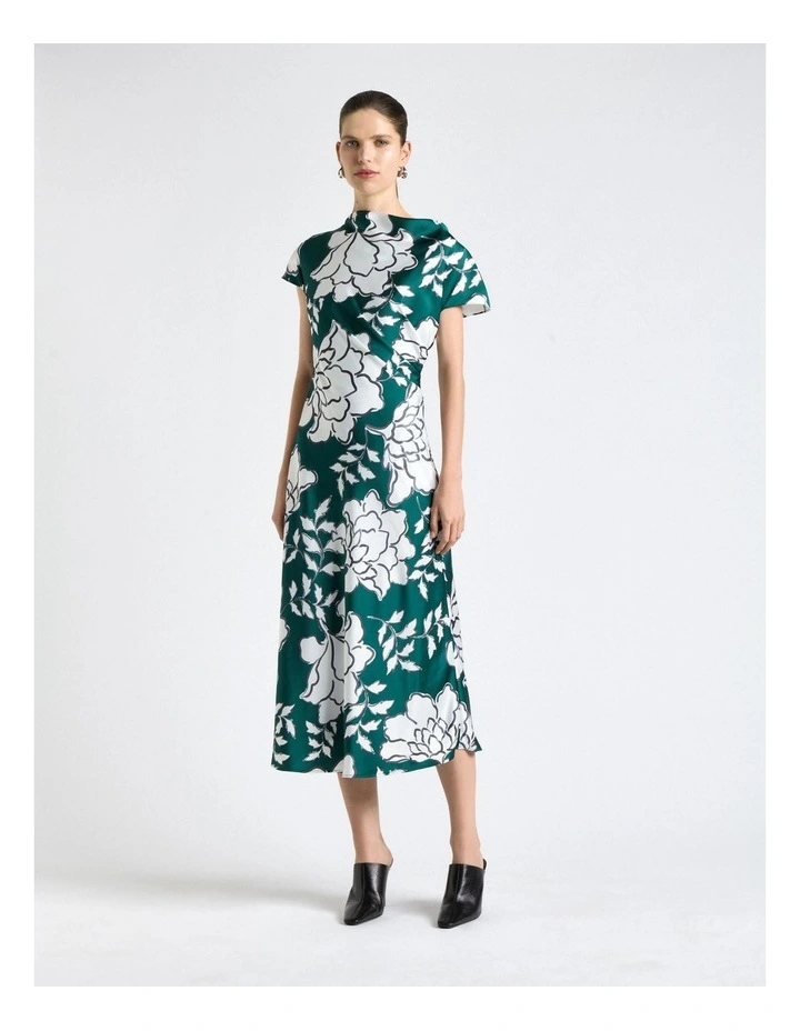 Graphic Floral Satin Drape Neck Midi Dress in Green image 1