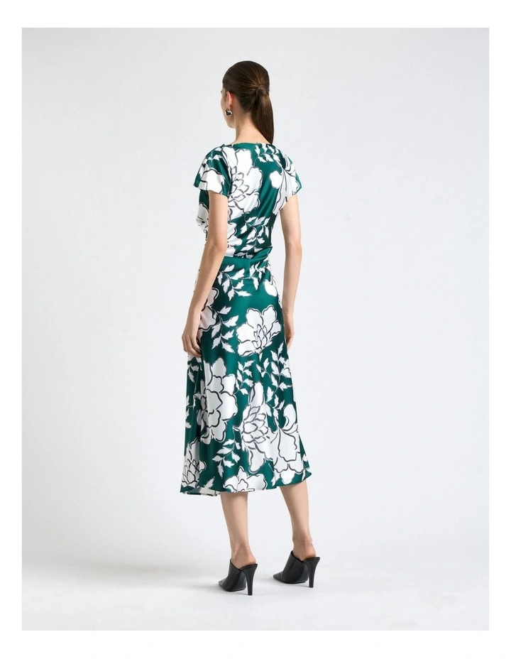Graphic Floral Satin Drape Neck Midi Dress in Green image 2