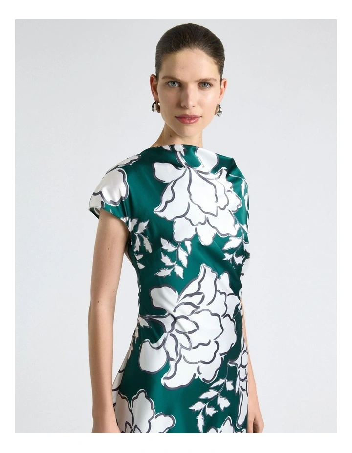 Graphic Floral Satin Drape Neck Midi Dress in Green image 3