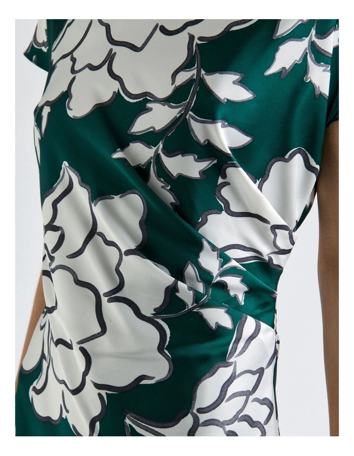 Graphic Floral Satin Drape Neck Midi Dress in Green image 4