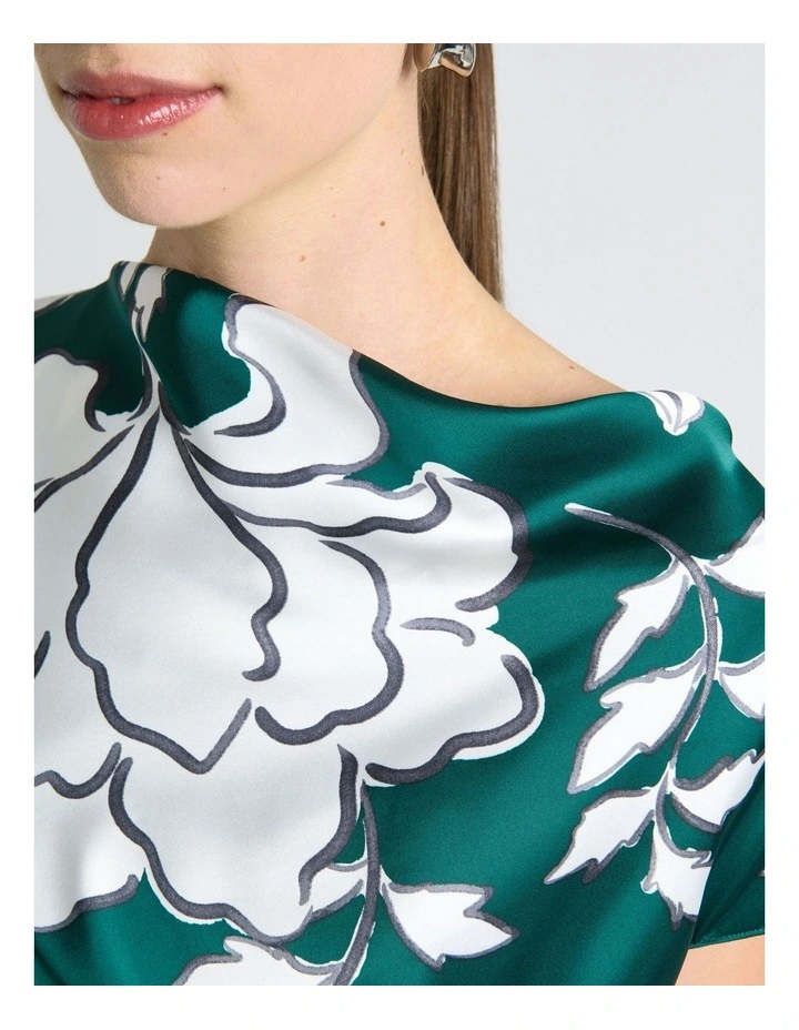 Graphic Floral Satin Drape Neck Midi Dress in Green image 5