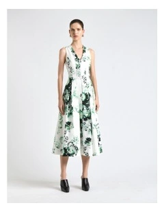 Graphic Blooms Flared Midi Dress in White