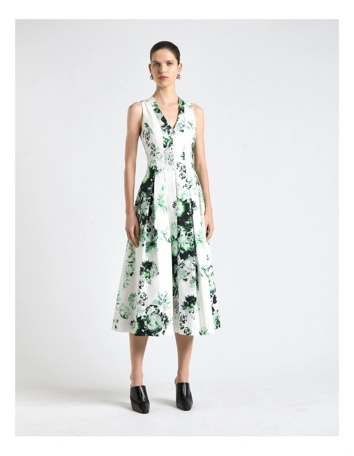 Graphic Blooms Flared Midi Dress in White image 1