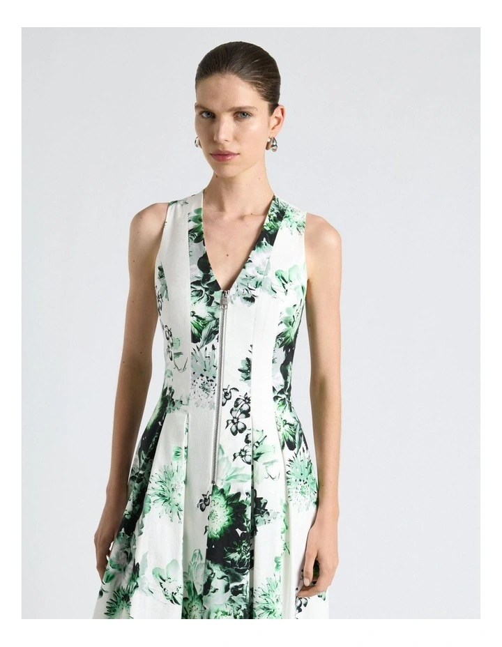 Graphic Blooms Flared Midi Dress in White image 3
