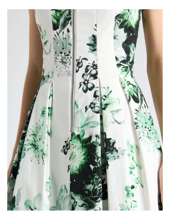 Graphic Blooms Flared Midi Dress in White image 4