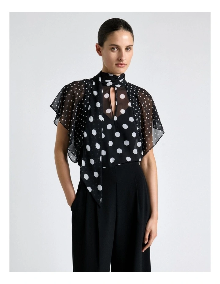 Polka Dot Ruffle Sleeve Tie Neck Blouse in Black image 4