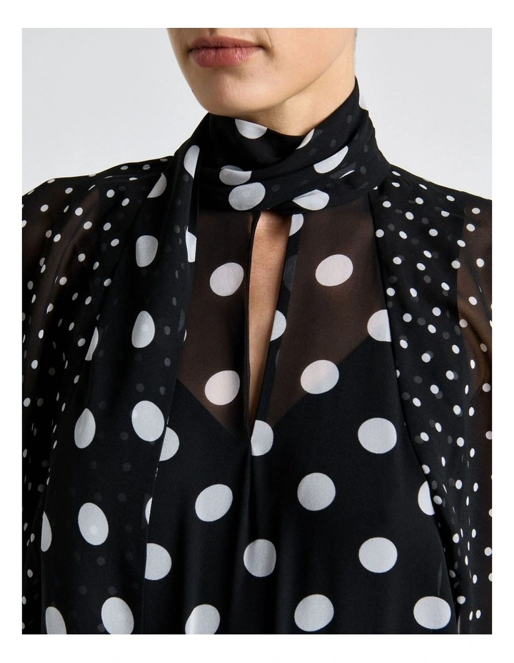 Polka Dot Ruffle Sleeve Tie Neck Blouse in Black image 5