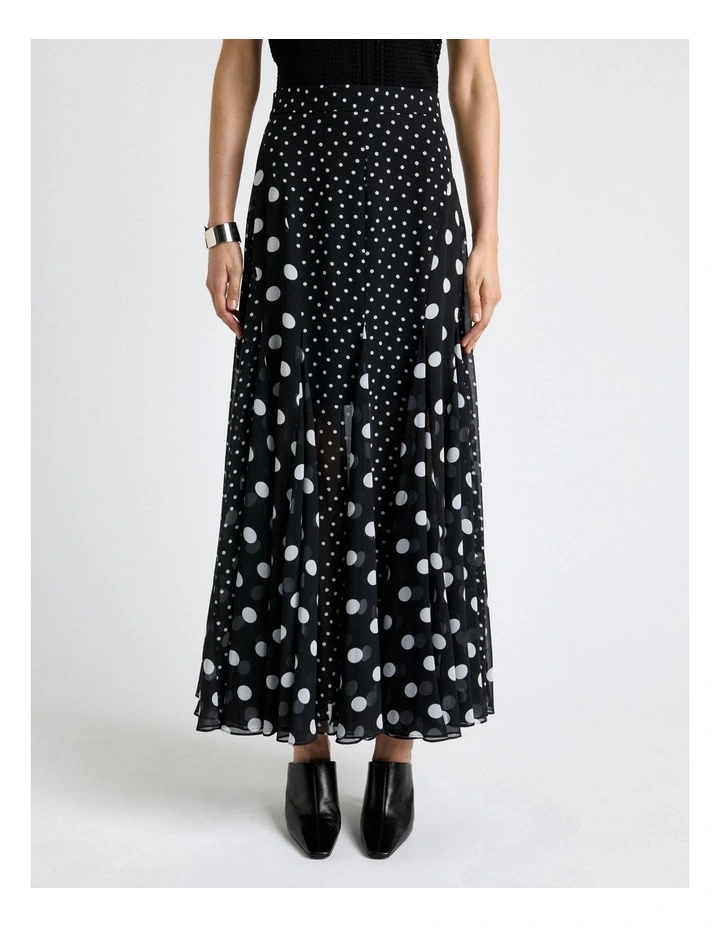 Polka Dot Flared Maxi Skirt in Black image 3