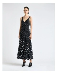 Polka Dot Flared Midi Dress in Black