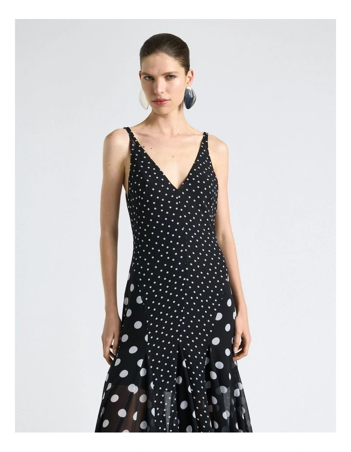 Polka Dot Flared Midi Dress in Black image 3