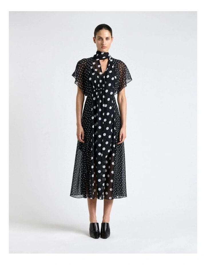 Polka Dot Ruffle Sleeve Tie Neck Midi Dress in Black image 1