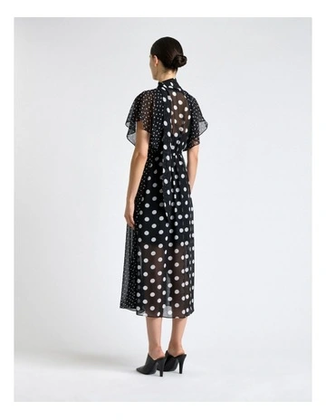 Polka Dot Ruffle Sleeve Tie Neck Midi Dress in Black