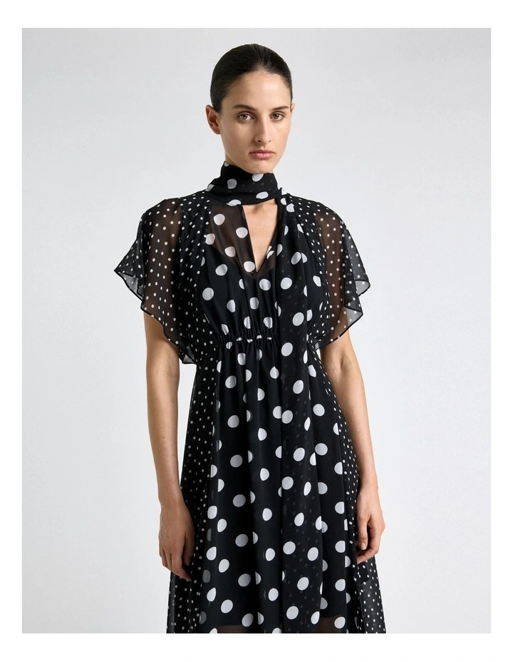 Polka Dot Ruffle Sleeve Tie Neck Midi Dress in Black image 3