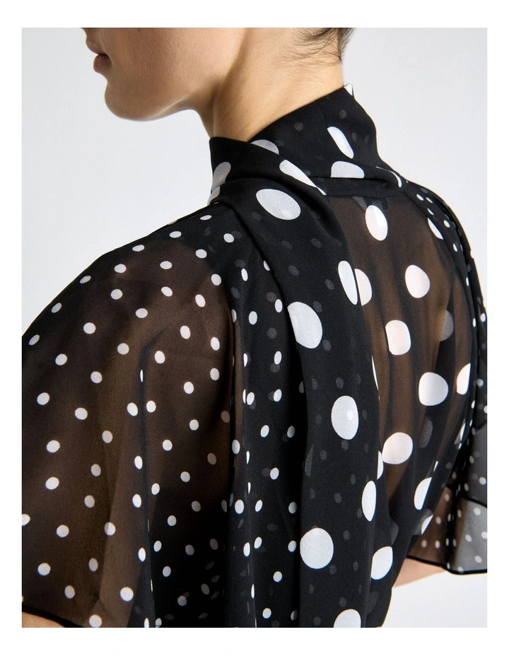 Polka Dot Ruffle Sleeve Tie Neck Midi Dress in Black image 4