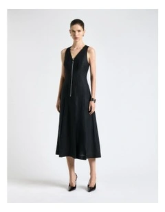 Linen Blend Zip Pleated Midi Dress in Black