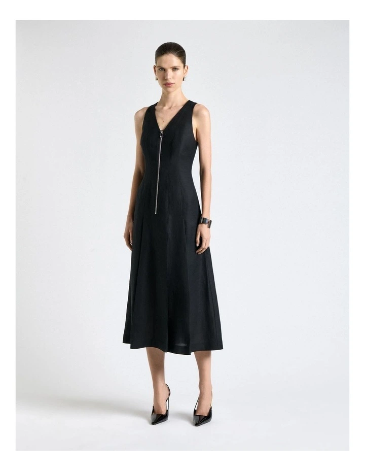 Linen Blend Zip Pleated Midi Dress in Black image 1