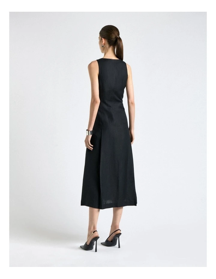 Linen Blend Zip Pleated Midi Dress in Black image 2