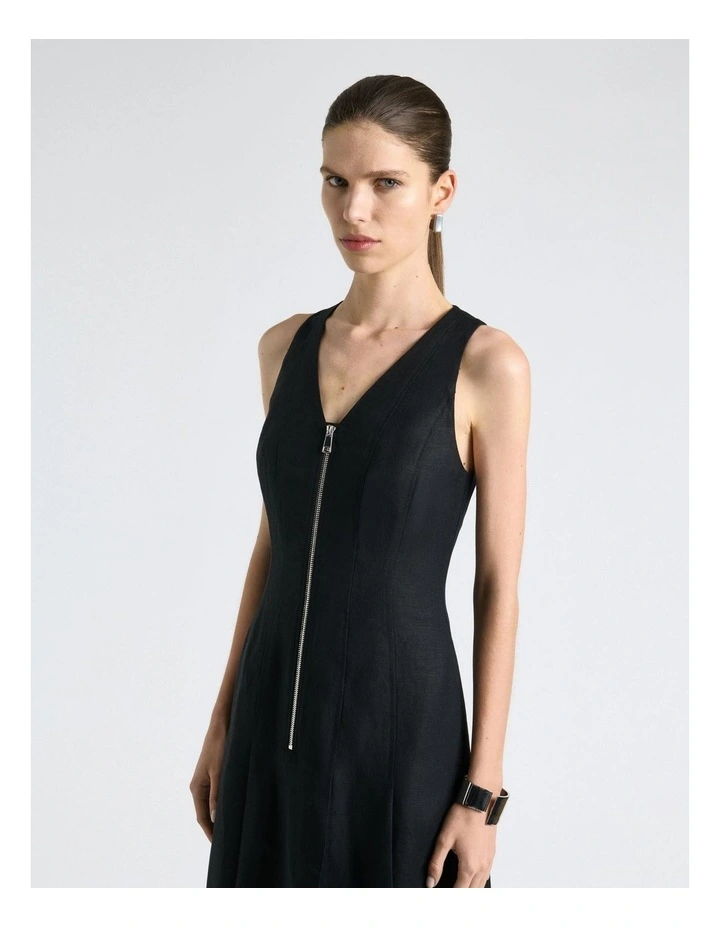 Linen Blend Zip Pleated Midi Dress in Black image 3