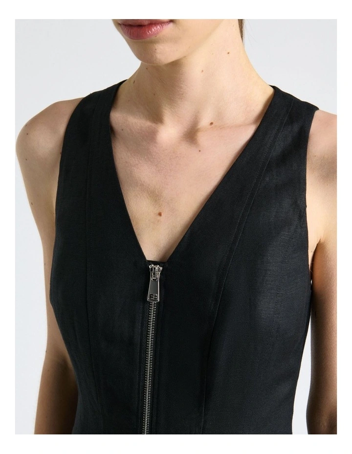 Linen Blend Zip Pleated Midi Dress in Black image 4