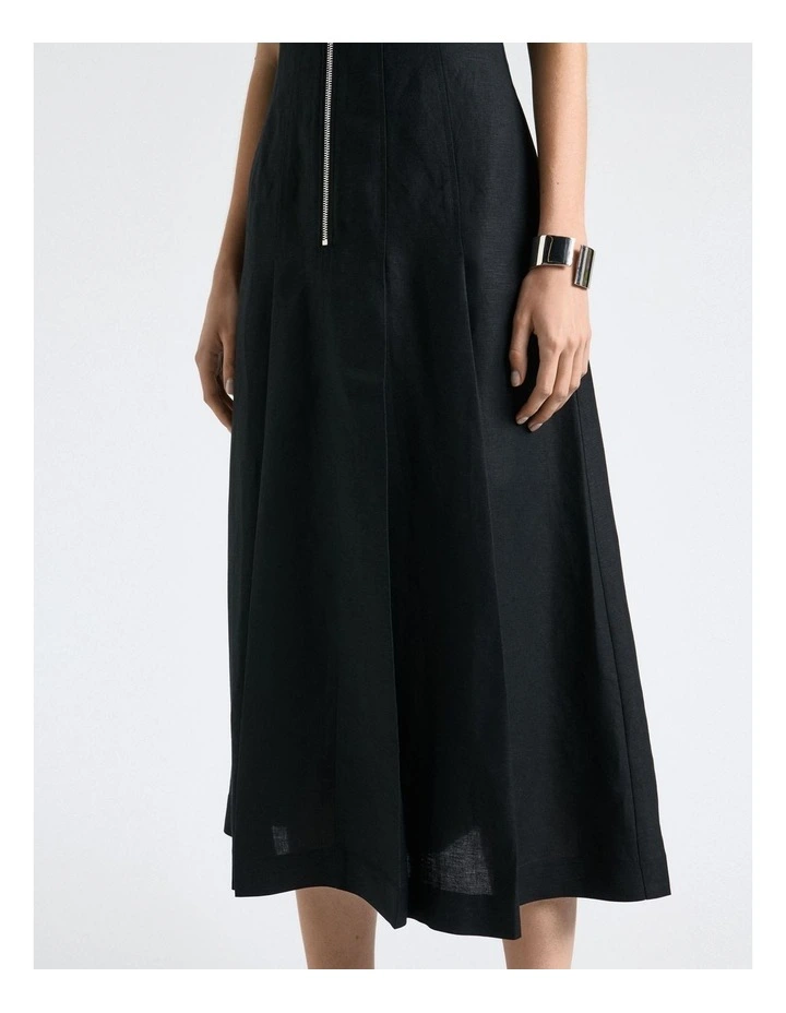 Linen Blend Zip Pleated Midi Dress in Black image 5
