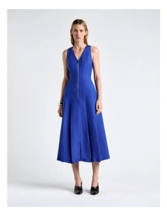 Linen Blend Zip Pleated Midi Dress in Cobalt