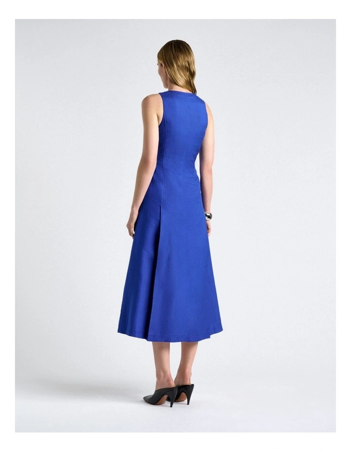 Linen Blend Zip Pleated Midi Dress in Cobalt image 2