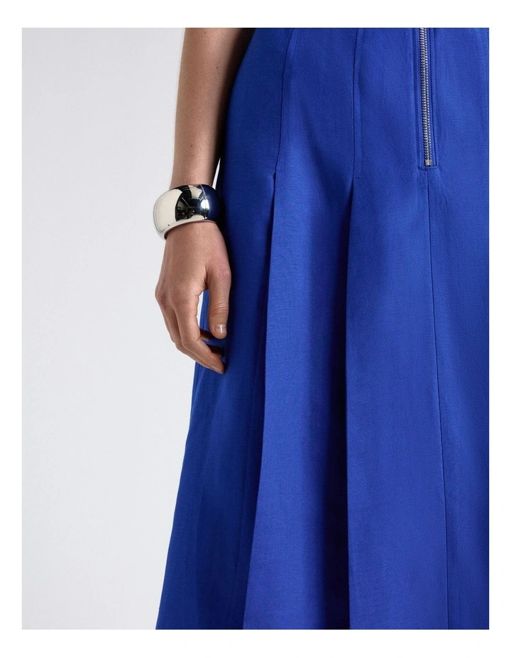 Linen Blend Zip Pleated Midi Dress in Cobalt image 4